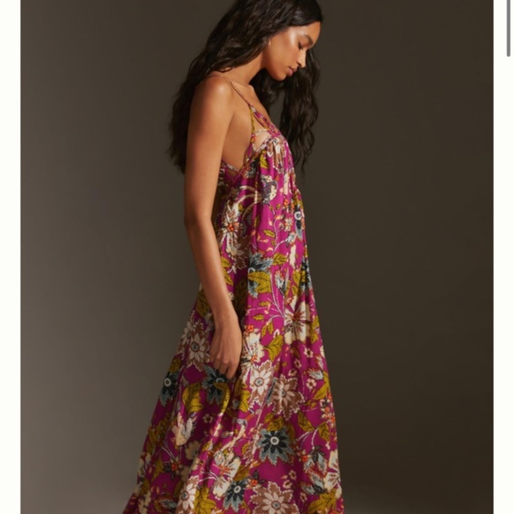 Anthropologie Floral Midi Dress in Magenta and Mustard